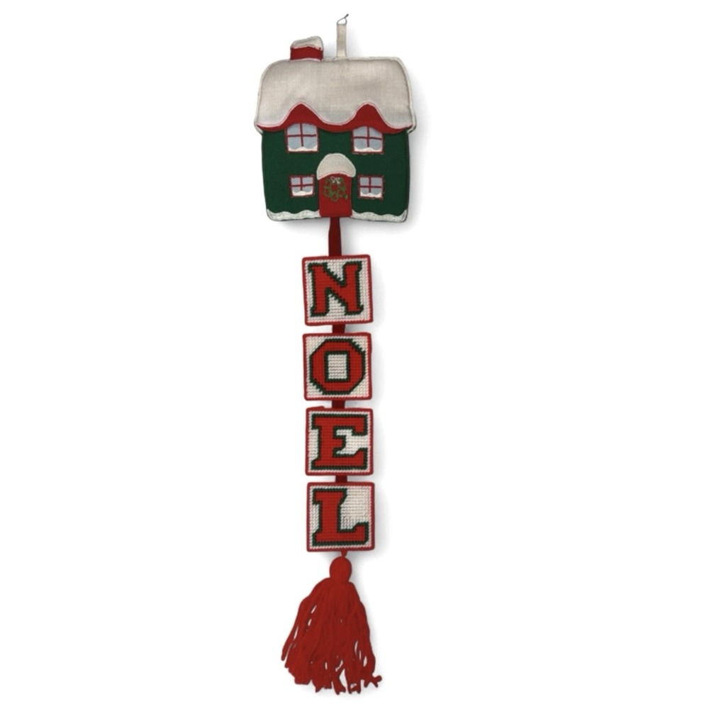 Vintage Handmade NOEL Christmas Wall Hanging Needlepoint Cottage Tassel Folk Art